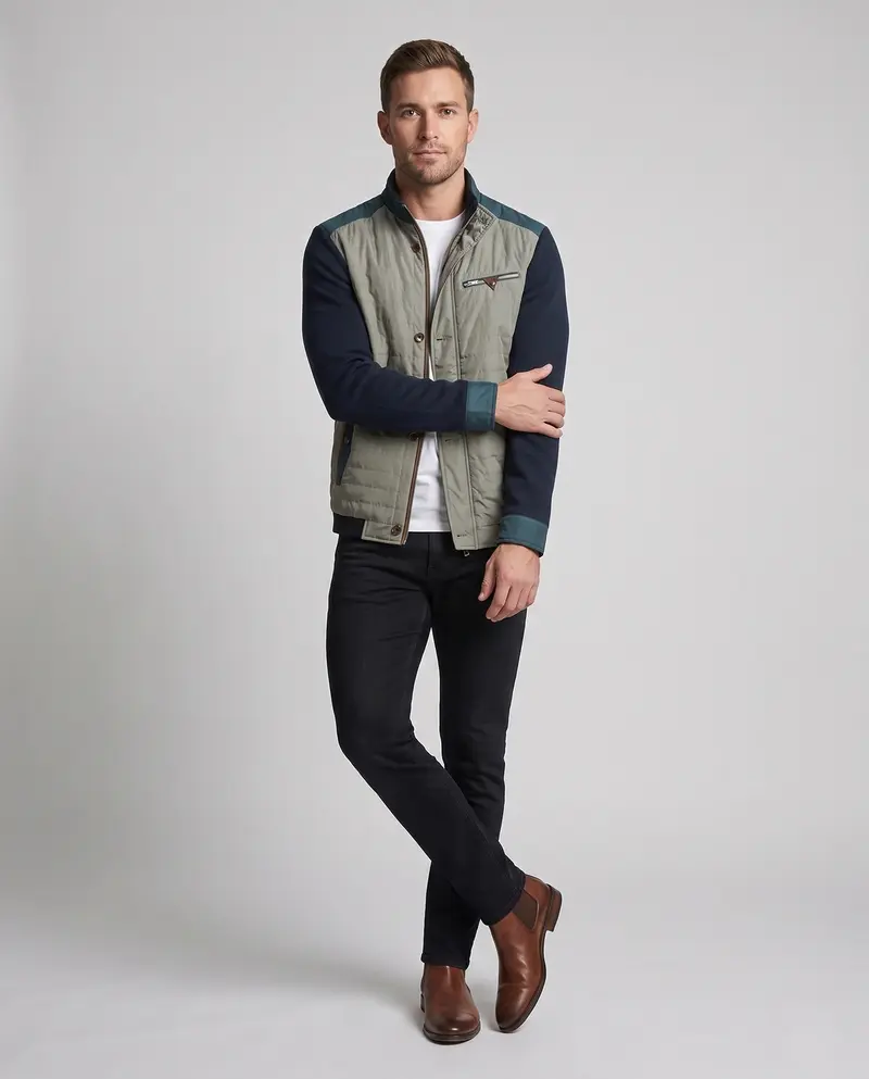 Herren Hybrid Steppjacke mit gestrickten Ärmeln und Stehkragen