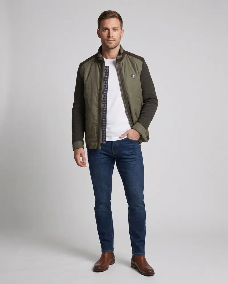 Herren Hybridjacke mit gesteppter Leder-Optik vorne und gestrickten Ärmeln