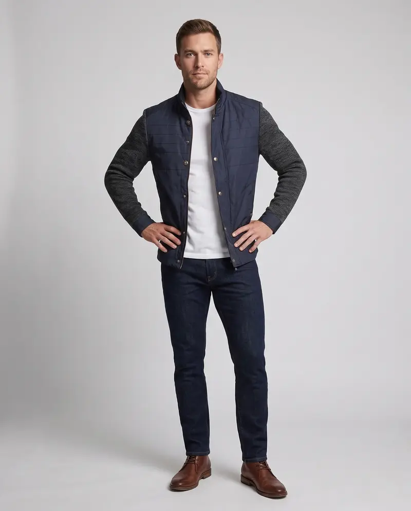 Herren Hybridjacke mit Kunstledervorderseite, gesteppte Details und gestrickten Ärmeln