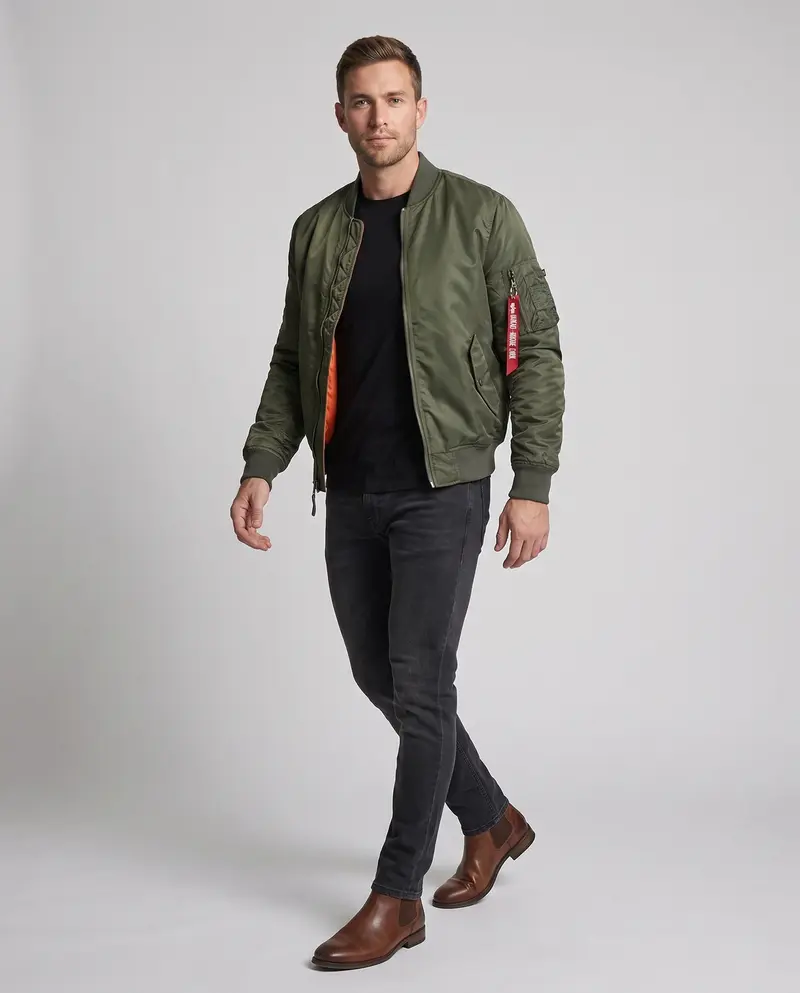 Herren isolierte Pilot-Bomberjacke im Aviation-Stil mit Ärmeltasche und gerippten Bündchen Drune