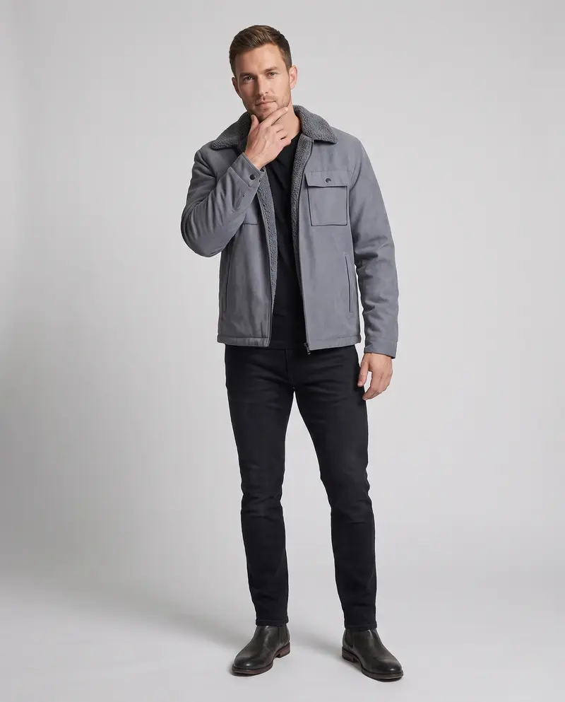 Herren isolierte Teddy-Fleece-Arbeitsjacke mit Stehkragen und Brustklappentasche