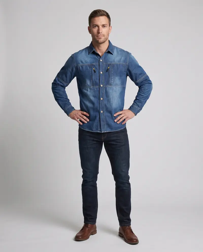 Herren Jeanshemdjacke im Arbeitskleidungsstil mit Reißverschluss-Brusttaschen Drune