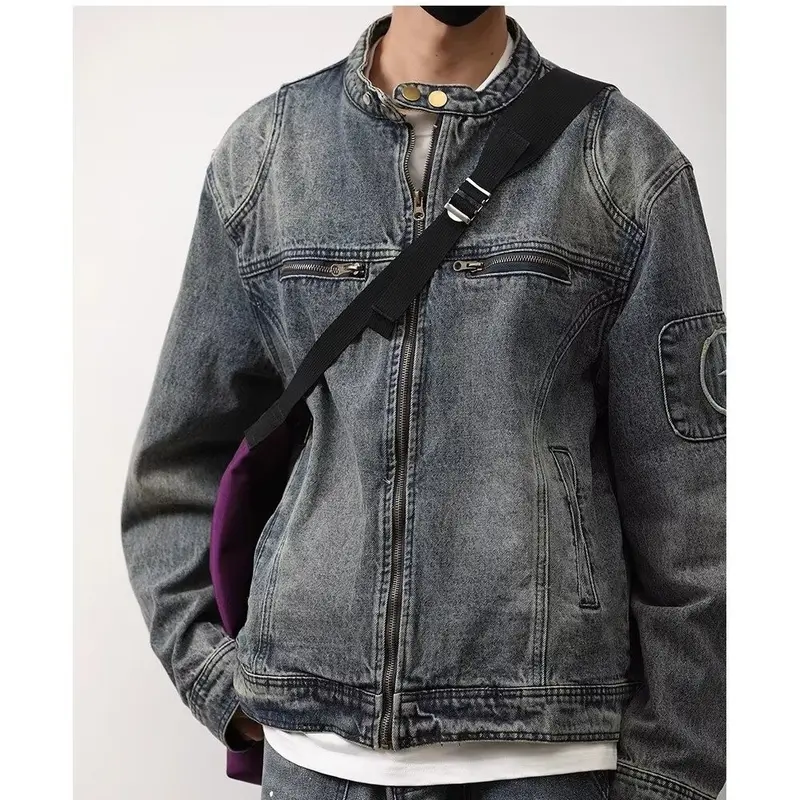 Herren Jeansjacke im Vintage‑Wash mit Stehkragen und Reißverschluss Drune