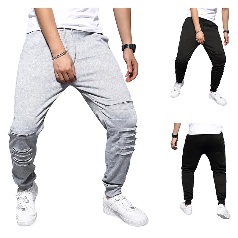 Herren Jogginghose mit tiefem Schritt, Distressed-Knieeinsatz und schmal zulaufendem Bein Drune