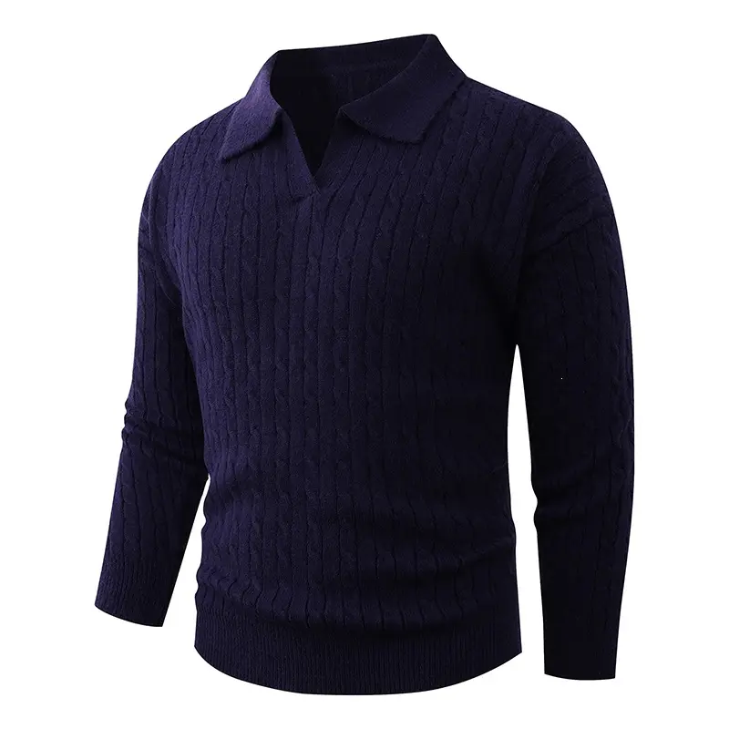 Herren Kabelstrick-Polo-Pullover mit V-Ausschnitt und Zopfmuster Drune