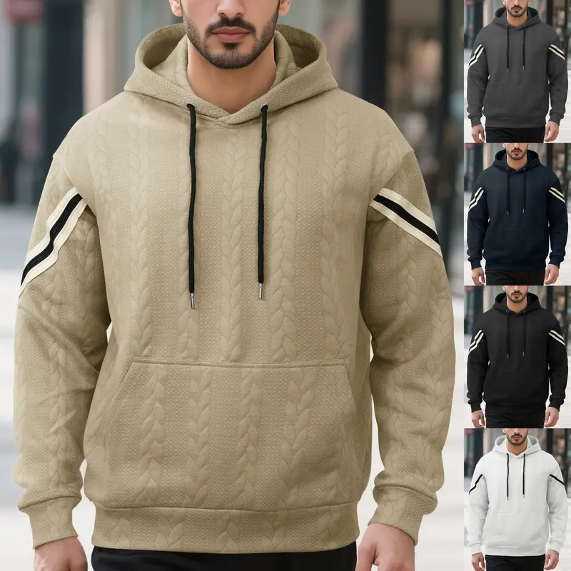 Herren Kabelstruktur-Kapuzenpullover mit Kängurutasche und Kontraststreifen Drune