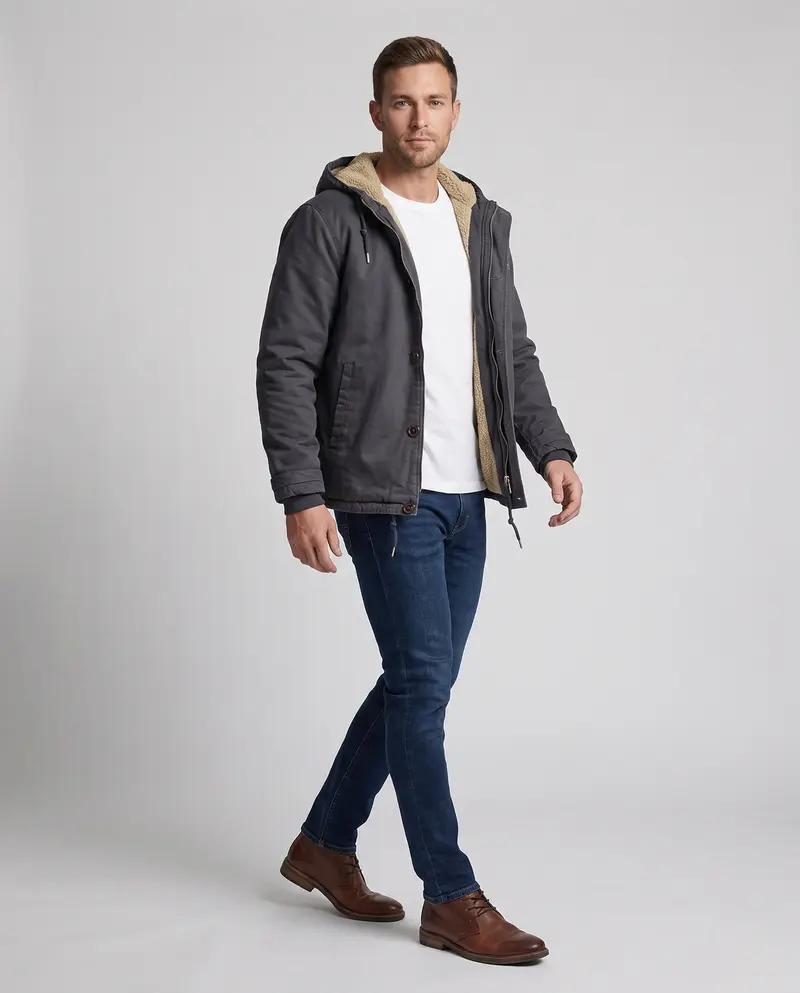 Herren Kapuzen Canvas Jacke mit vollem Teddyfutter und einstellbarem Saum Drune