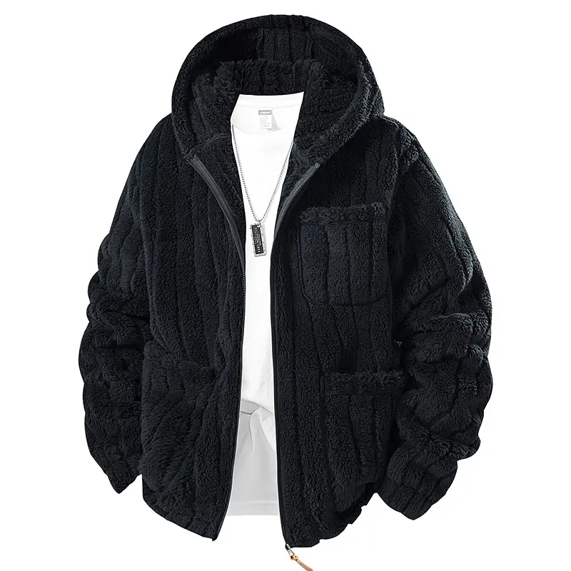 Herren Kapuzen-Fleecejacke aus Teddyfleece mit durchgehendem Reißverschluss und Mehrfachtaschen Drune