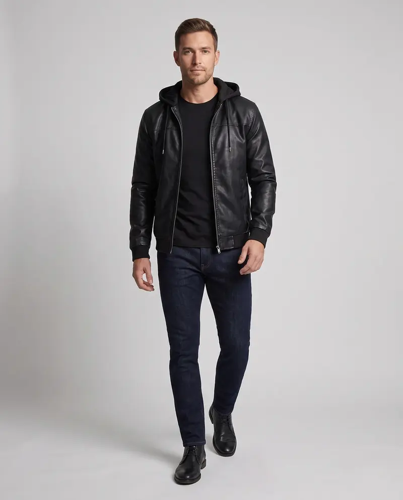 Herren Kapuzen Kunstlederjacke im Biker Bomber Stil mit integrierter Hoodie-Futter Drune