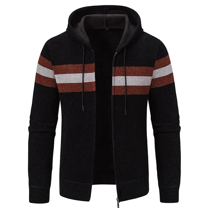 Herren Kapuzen-Strickjacke mit durchgehendem Reißverschluss, Kontraststreifen und Eingrifftaschen Drune