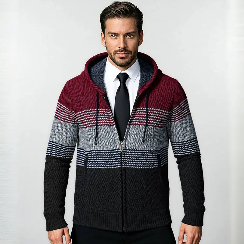 Herren Kapuzen-Strickzipjacke mit farbverlaufendem Blockstreifenmuster und thermischer Struktur Drune