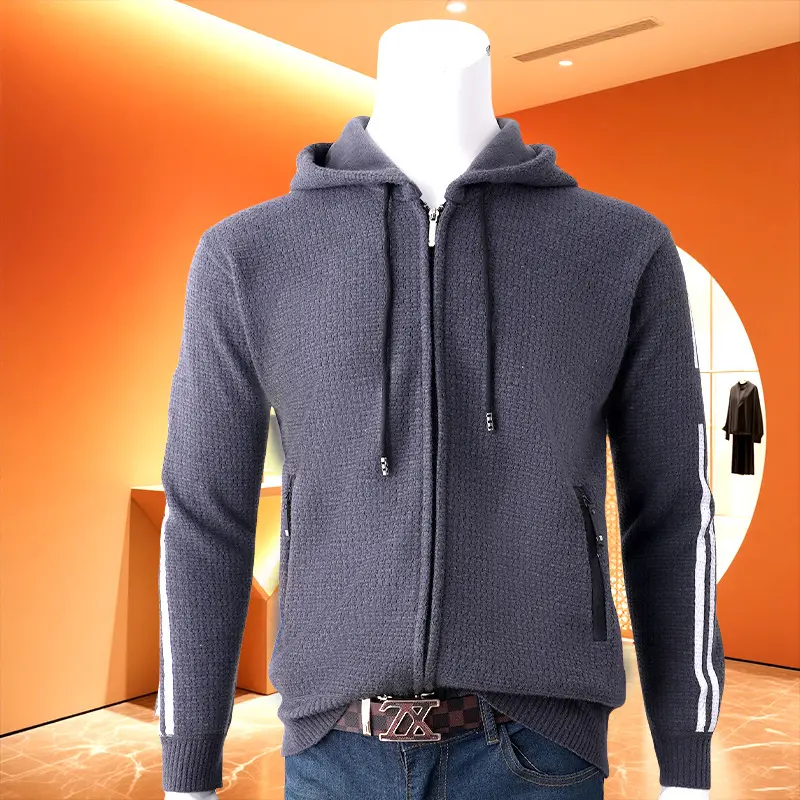 Herren Kapuzen-Sweatjacke mit Reißverschluss, texturierter Strick, Seitentaschen und Kontraststreifen Drune