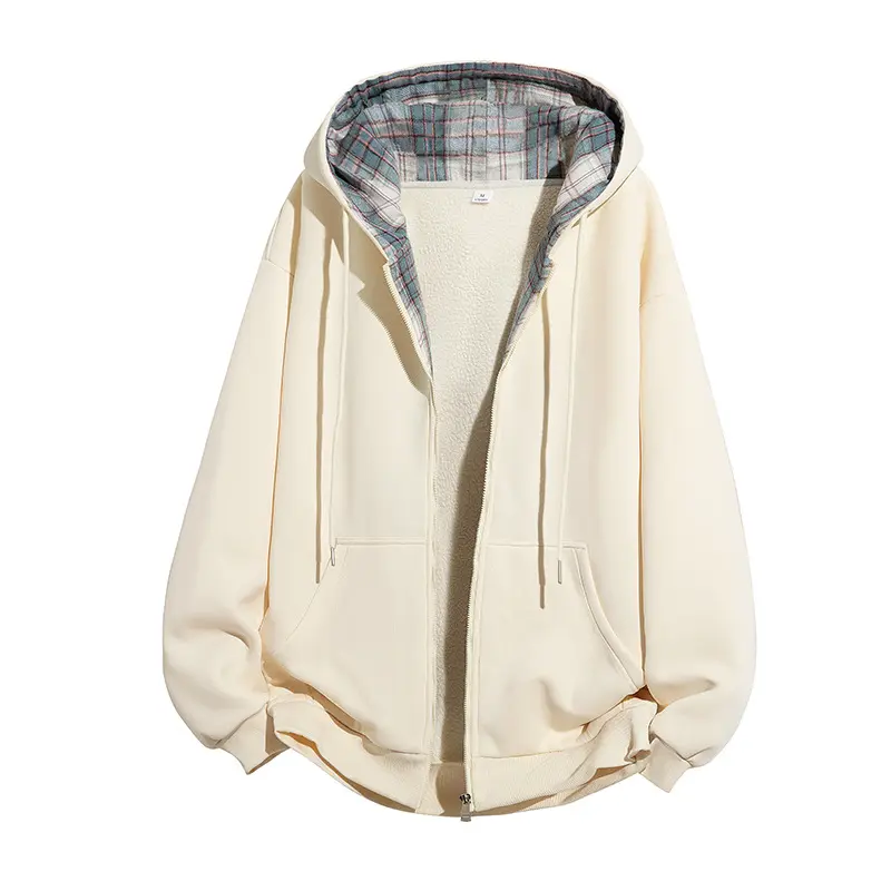 Herren Kapuzenjacke mit Teddy‑Fleece‑Futter und kariertem Kapuzeninnenfutter, durchgehendem Reißverschluss Drune