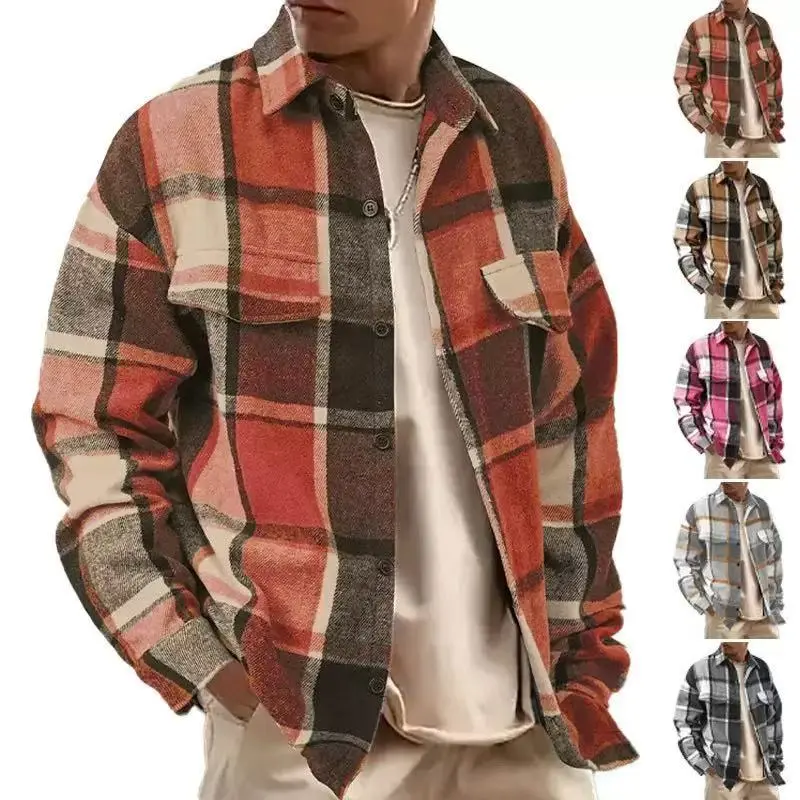 Herren Karierte Flanell-Hemdjacke mit Brusttaschen und Knopfleiste Drune