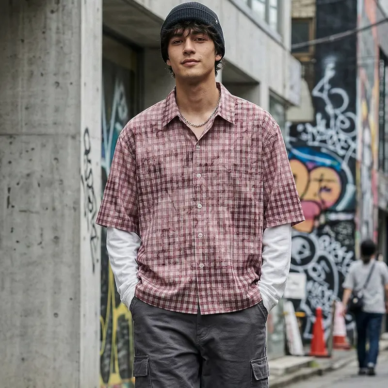 Herren Karierte Overshirt mit integriertem Langarm-Layer Drune