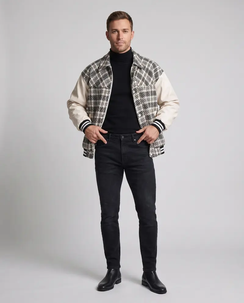 Herren Karierter Baumwollmix Collegejacke mit Kunstlederärmeln und gerippten Bündchen Drune
