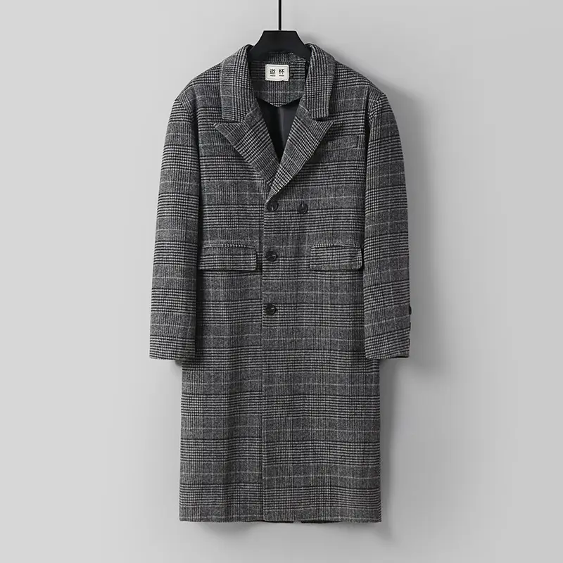Herren Karierter Longcoat aus Wollmix mit klassischem Revers und geradem Schnitt Drune