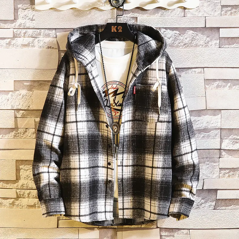 Herren Karo‑Flanell‑Hoodie‑Overshirt mit Kapuze, Brusttasche und Knopfleiste Drune