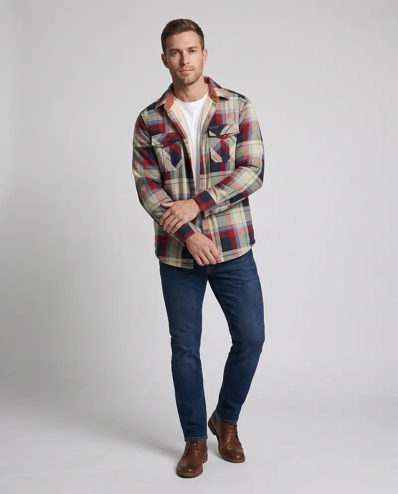 Herren Karo-Überhemdjacke mit warmem Teddy-Futter und Klappentaschen Drune