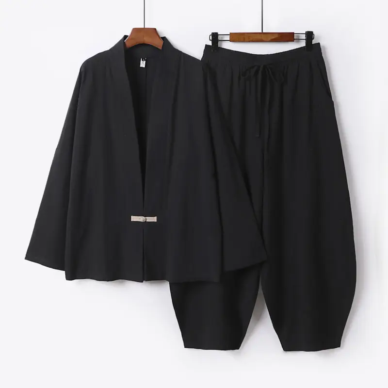 Herren Kimono-Loungewear-Set mit kurzem Schalkragen und weiten Harem-Bundhosen Drune