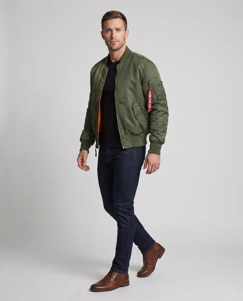 Herren klassische Pilot-Bomberjacke mit Kontrastfutter, Utility-Tasche am Ärmel und geripptem Saum Drune