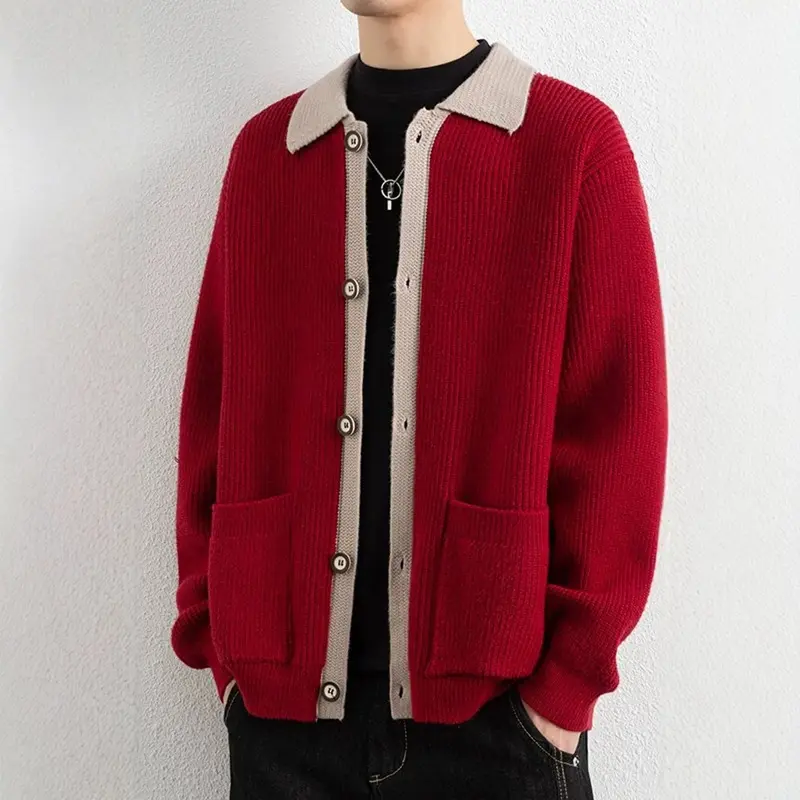 Herren Kontrastkragen-Strickjacke mit durchgehender Knopfleiste und aufgesetzten Taschen Drune
