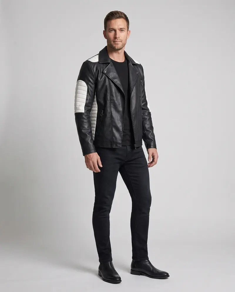 Herren Kunstleder Bikerjacke mit gestepptem Schulter- und Ärmel-Design und thermischer Fütterung Drune
