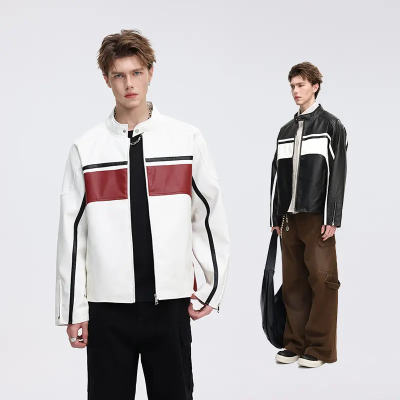 Herren Kunstleder-Bikerjacke mit Kontrastpaneelen und Stehkragen Drune