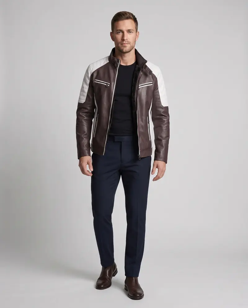 Herren Kunstleder Bikerjacke mit Teddyfutter, Stehkragen und dekorativem Riemen Drune