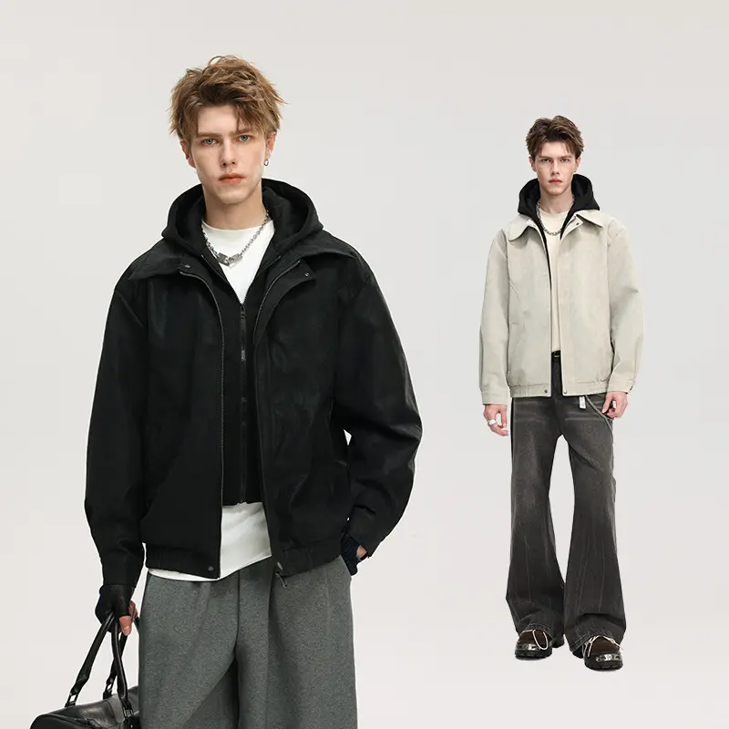 Herren Kunstleder-Blouson mit abnehmbarer Kapuze, verdecktem Reißverschluss und elastischem Saum Drune