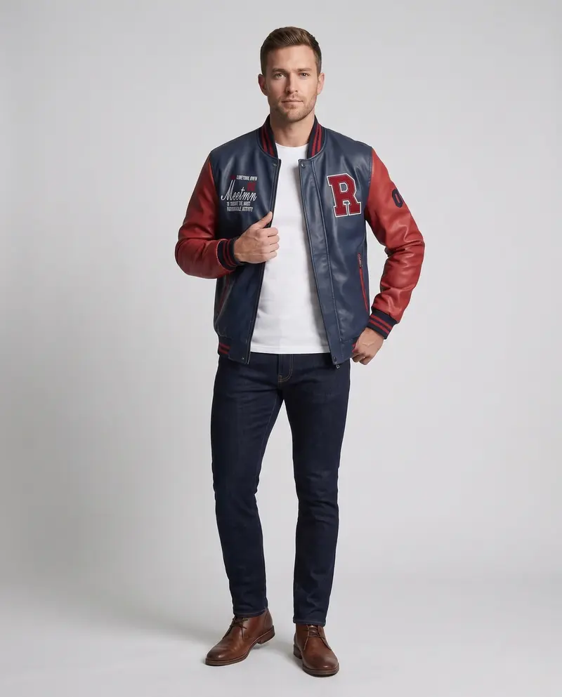 Herren Kunstleder College Bomberjacke mit gesticktem Patch und gerippten Bündchen Drune