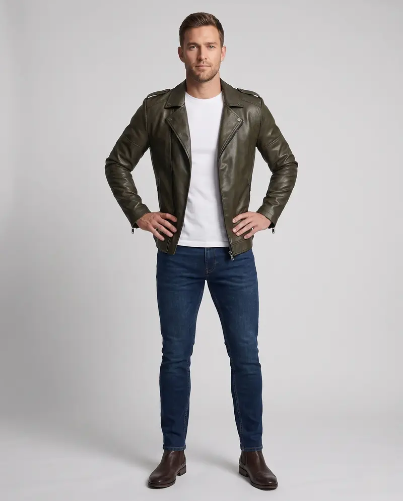 Herren Kunstleder Motorradjacke Slim Fit mit Schulterklappen und dekorativen Reißverschlüssen Drune