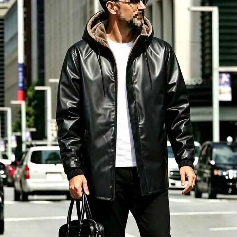 Herren Kunstleder-Parka mit Teddyfutter, Kapuze & verdecktem Reißverschluss Drune