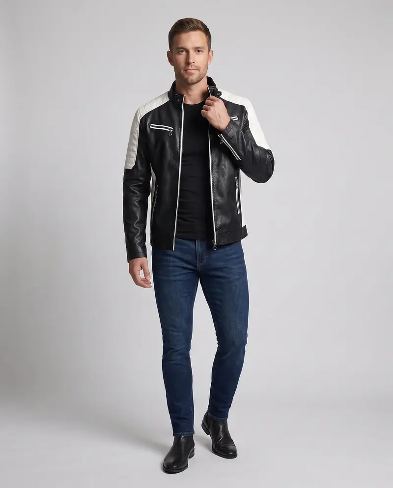 Herren Kunstleder Pilot Blouson mit gestepptem Schulterbereich, Reißverschluss-Taschen und Teddy-Futter Drune