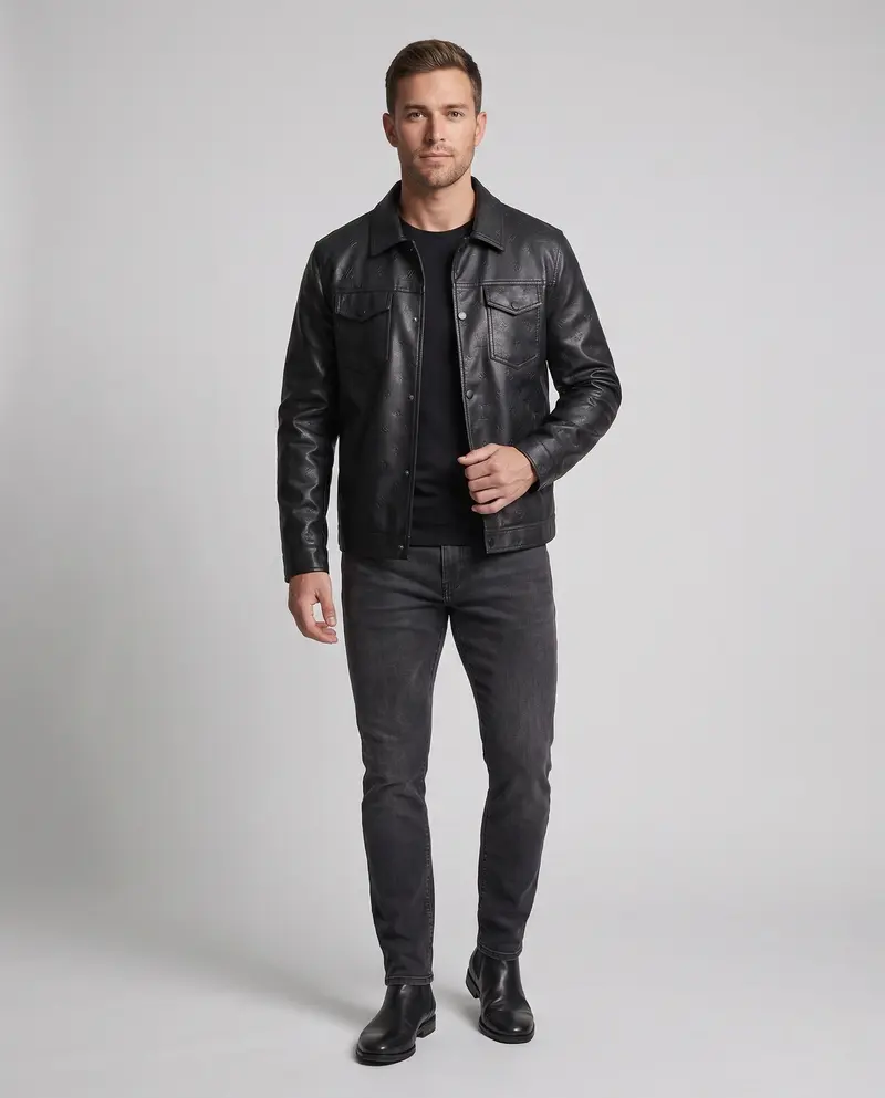Herren Kunstleder Truckerjacke mit geprägtem Monogramm, Druckknopf-Front und Klapptaschen Drune