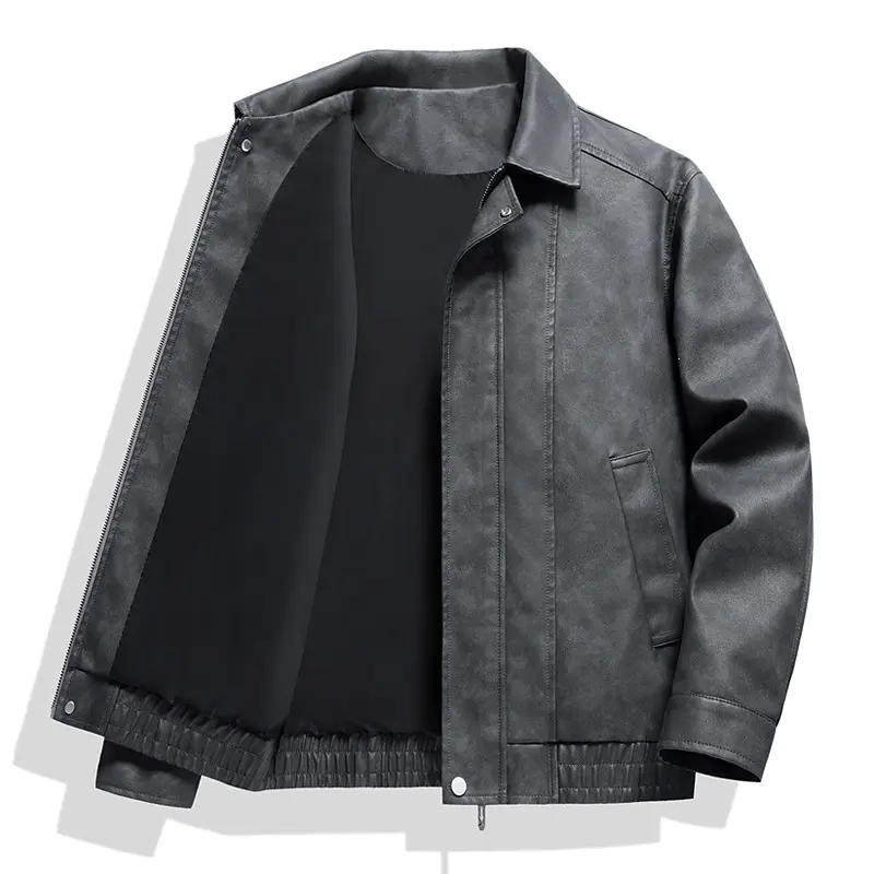 Herren Kurz geschnittene Kunstlederjacke im Vintage‑Look mit Hemdkragen & durchgehendem Reißverschluss Drune