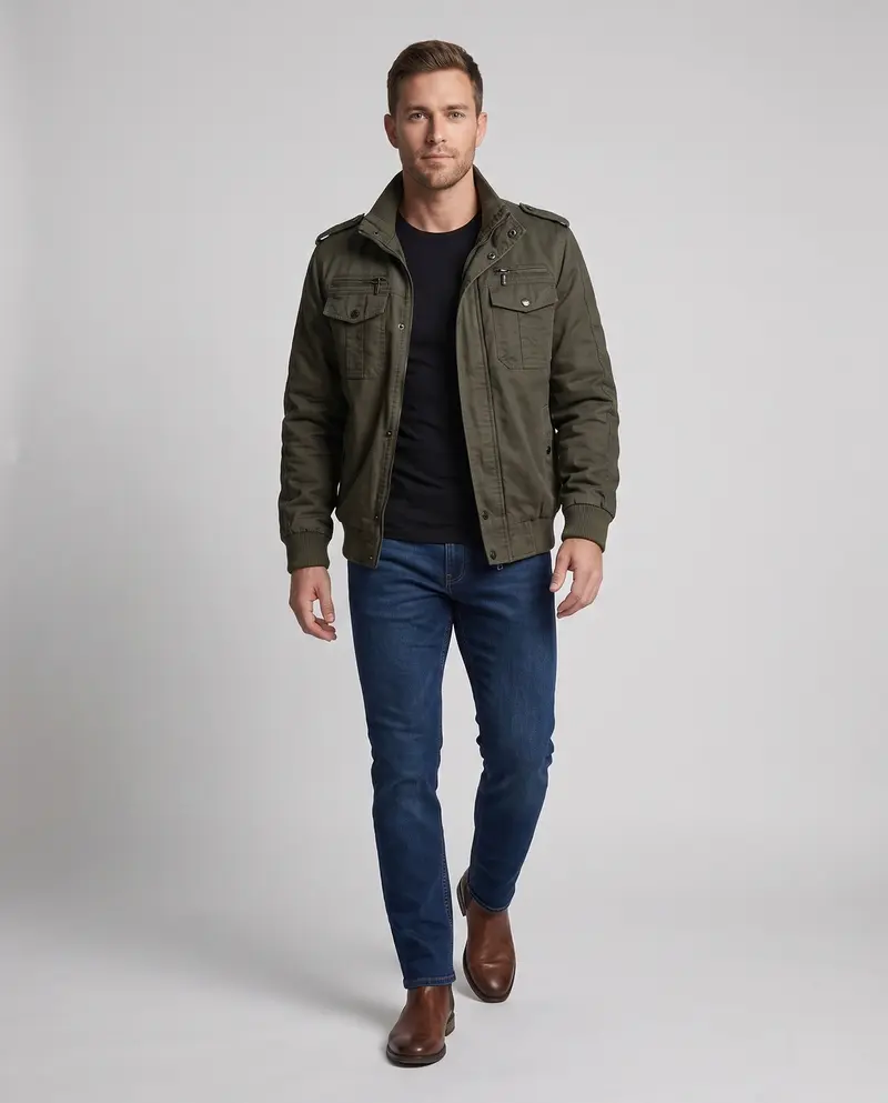 Herren kurz geschnittene Pilotenjacke aus Canvas mit verstecktem thermo Futter und Schulterklappen Drune