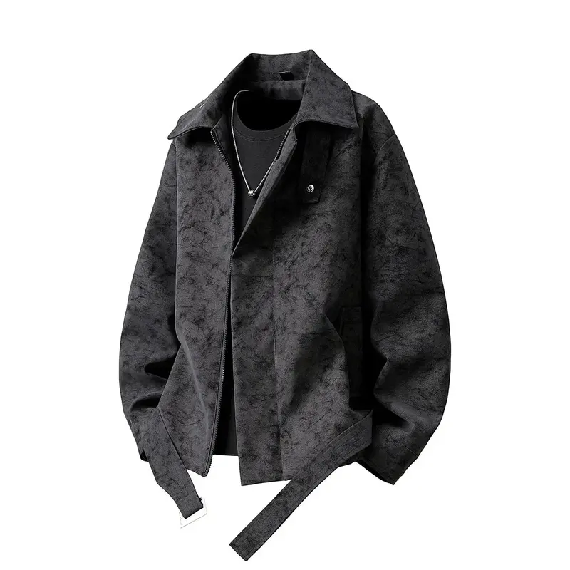 Herren Kurz geschnittene Velours-Optik Jacke mit Hemdkragen, Gürteldetail & verdecktem Reißverschluss Drune