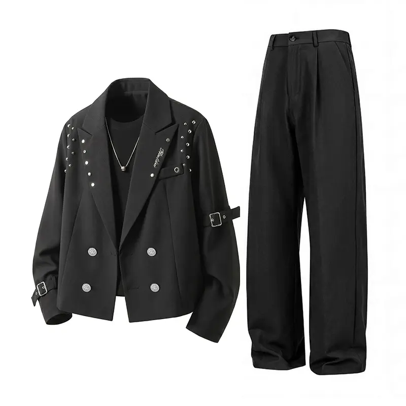 Herren Kurzblazer-Jacke im Rockigen Biker‑Look mit Nietenbesatz, Doppelreiher & Ärmel-Schnallen Drune