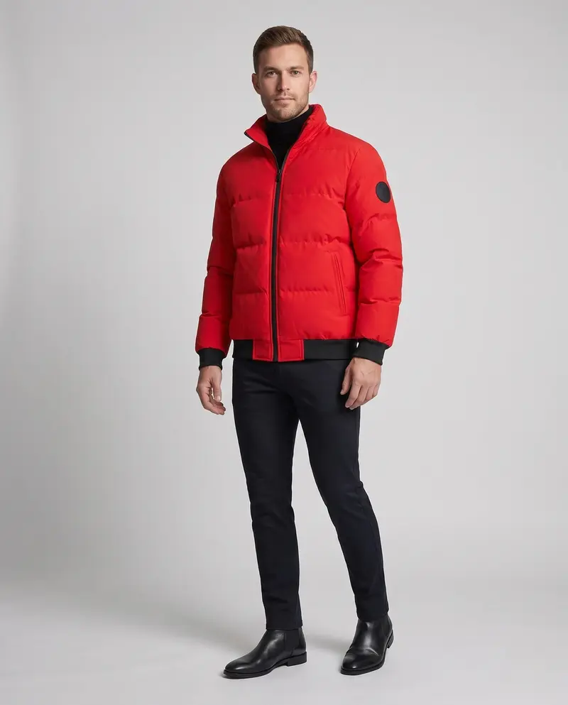 Herren kurze gepolsterte Steppjacke mit hochstehendem Kragen, gerippten Bündchen und Armpatch Drune
