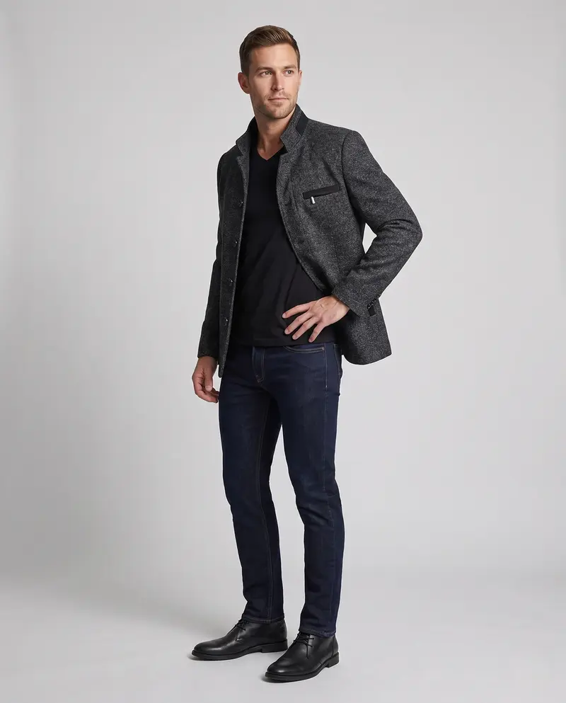 Herren Kurzjacke aus strukturiertem Wollmix mit Stehkragen und warmer Polsterung