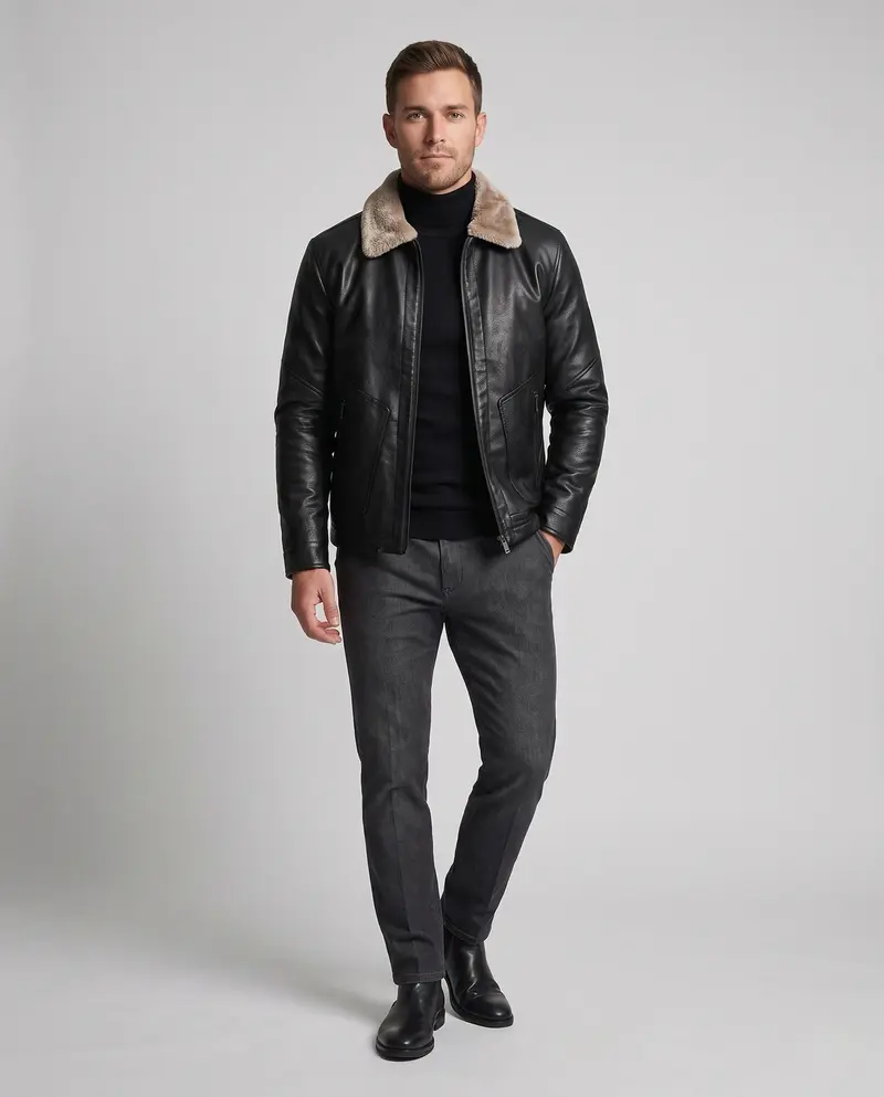 Herren Kurzjacke im Pilotenlook mit Kunstfellkragen und wärmender Wattierung Drune