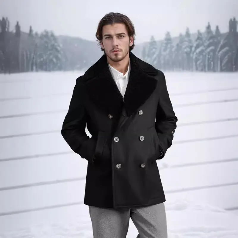 Herren Kurzmantel im Pea‑Coat‑Stil aus Wollmix mit voluminösem Teddykragen und Eingrifftaschen Drune