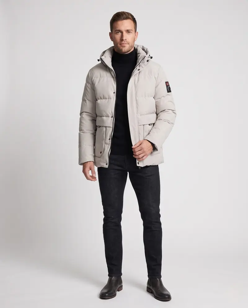 Herren Kurzparka im minimalistischen gesteppte Design mit verstaubarem Hut und verdeckten Reißverschlusstaschen Drune