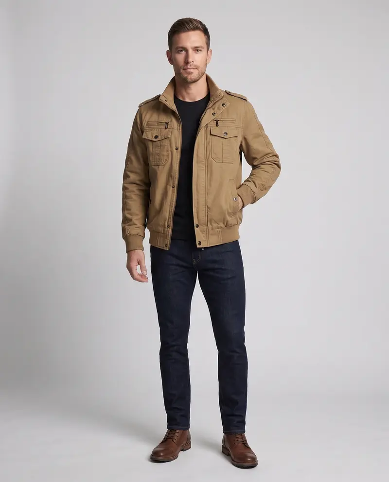 Herren Kurzschnitt Canvas Blouson mit Stehkragen und Multifunktionstaschen Drune