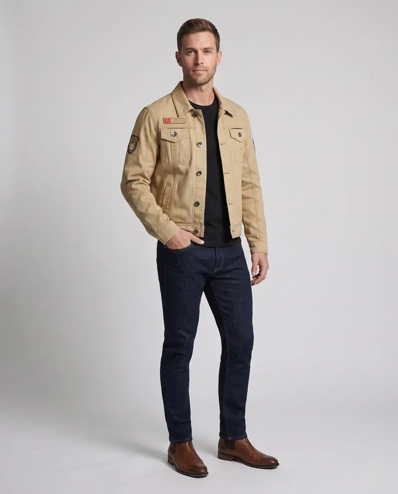 Herren Kurzschnitt Canvas Truckerjacke im Workwear-Look mit Hemdkragen, Klapptaschen und Ärmelpatch Drune