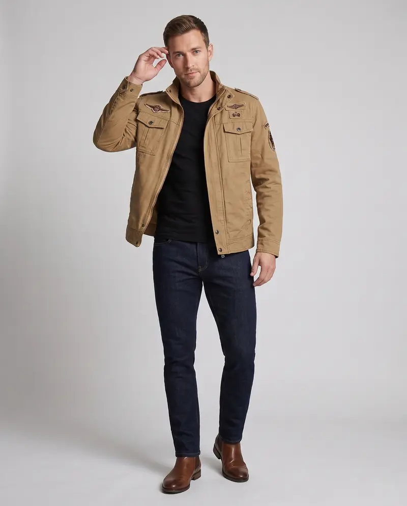 Herren Kurzschnitt Feld-Canvas-Jacke im Militärstil mit Brustklappen Taschen und Stehkragen Drune