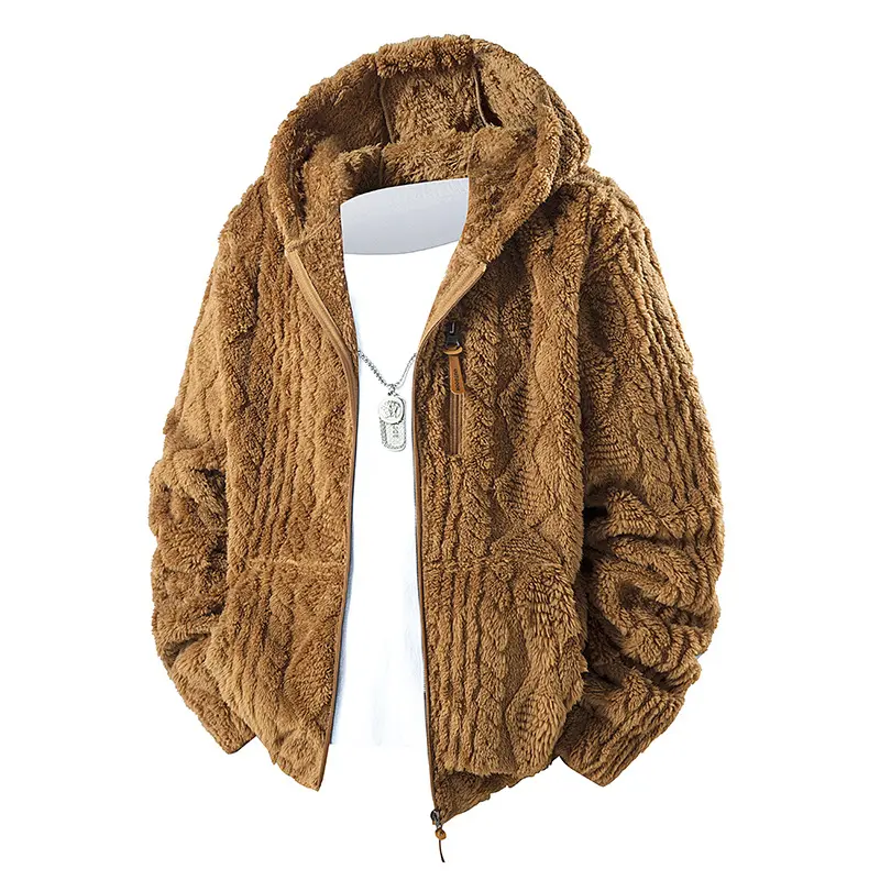 Herren Kuschelige Teddy-Fleece Kapuzenjacke mit durchgehendem Reißverschluss und Brusttasche Drune