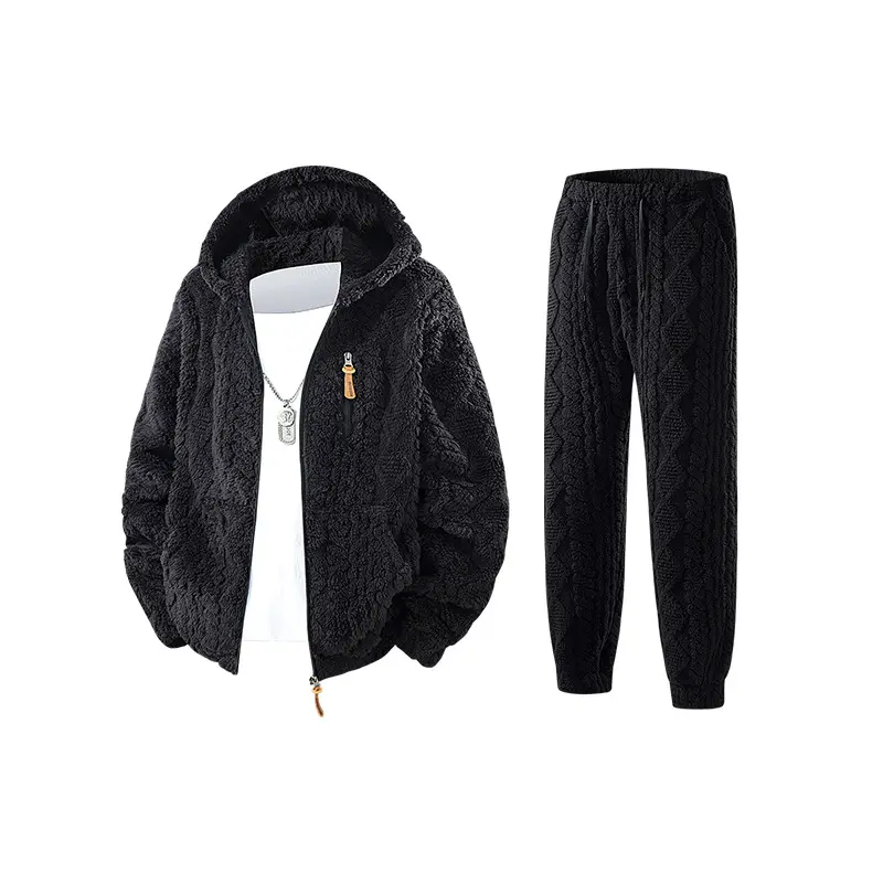 Herren Kuscheliges Sherpa-Fleece Set mit Kapuzenjacke und Strick‑Optik Jogginghose Drune