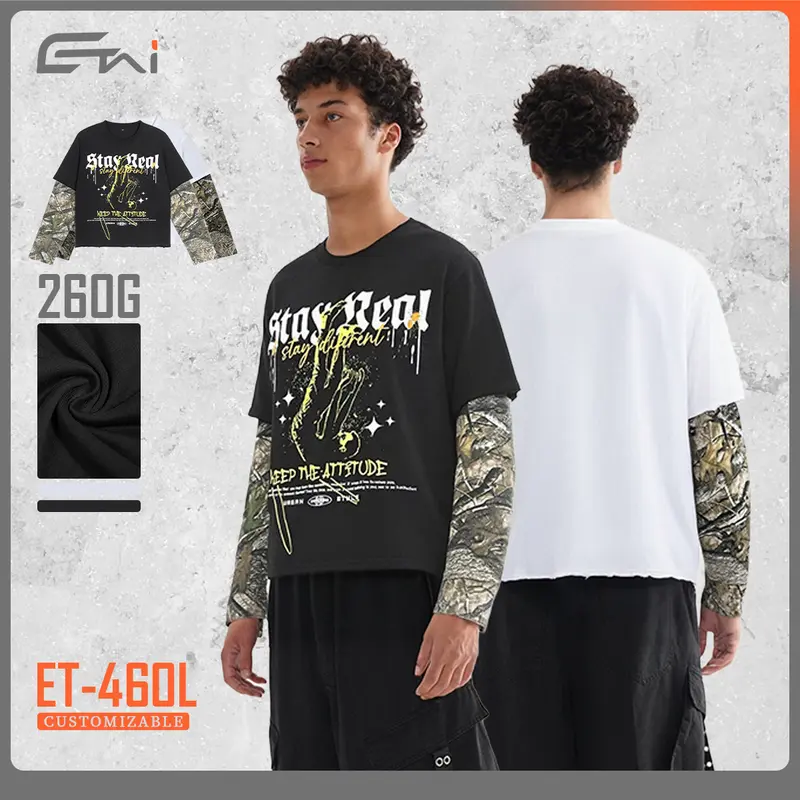 Herren Lagen-Langarm-T-Shirt mit Camouflage-Innensärmeln und Gothic-Print Drune